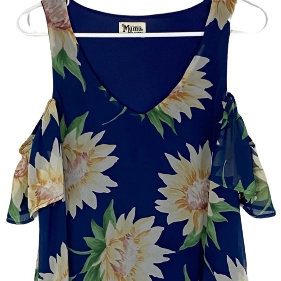 Show Me Your Mumu Birdie Ruffle Dress Womens XS Small Navy Blue Sunflower Mini - Picture 3 of 11